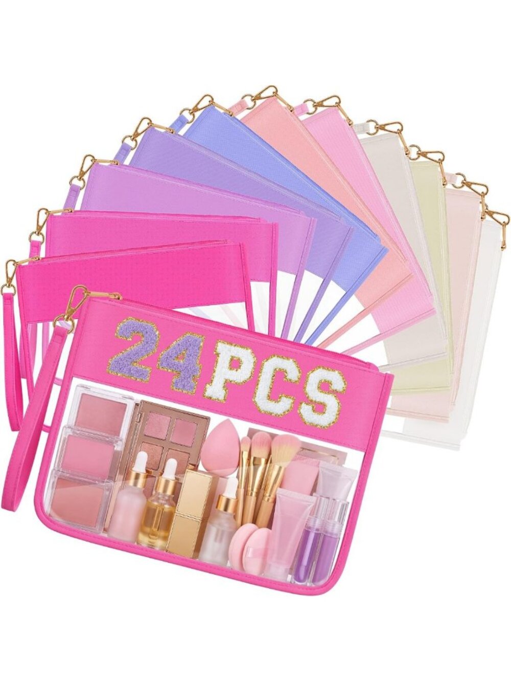24 Clear Makeup Bags & Wristlet Pouch Set - Waterproof Nylon Zipper Pouches